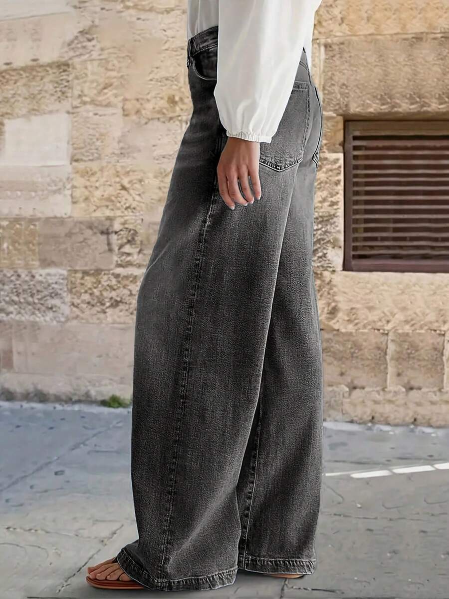 Street Style Washed Solid Color New Mid-Waist Thin Loose Hundred Straight Jeans - 深灰色 - 查看 1