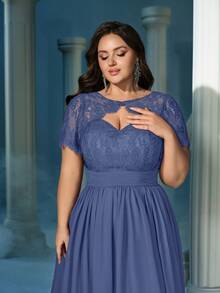 QOQ 优雅大码伴娘礼服 女士正式场合礼服 婚礼宾客纯色拼接蕾丝短袖婚纱 - 霧霾藍 - 查看 7