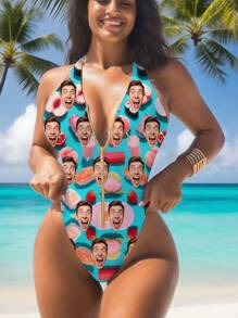 1pc Women's Customized Swimsuit, Face Customized, Women's Zipper Strap Backless Swimsuit, Women's High Waist Sleeveless Swimming Swimsuit, Sexy, Extremely Youthful, Suitable For Pool, Beach, Holiday, Girls Swimwear - Blue - View 8