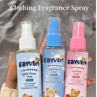 1瓶/100毫升织物香氛喷雾（牛奶皂香、茉莉葡萄香、荔枝玫瑰香、蓝铃花香），空气清新剂，高级衣物香氛，持久留香，适用于衣物、浴室、卧室、衣柜、客厅和汽车。