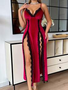 Nuevo camisón sexy con abertura alta, de terciopelo con parches de encaje bordado con flores de lámina metálica