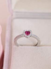 1 件时尚简约甜美紫红色心形锆石女士可调节戒指，银色珠宝礼物，适合送给女朋友、订婚、婚礼、日常佩戴、万圣节、圣诞节