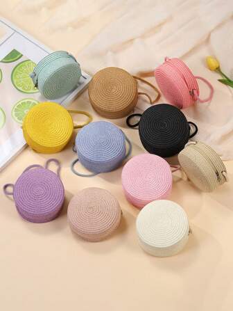 [Effen ronde tas] 2025 Nieuwe zomer geweven ronde tas in taartvorm voor vrouwen, verkrijgbaar in meerdere kleuren macarons, met rits, geschikt voor gebruik op het strand, op vakantie en als crossbodytas, kleine tas
