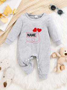 Customized Name Printed Long Sleeve Romper For Toddler Boys & Girls, Casual Jumpsuit Suitable For Outdoor Wear - Grey - View 1