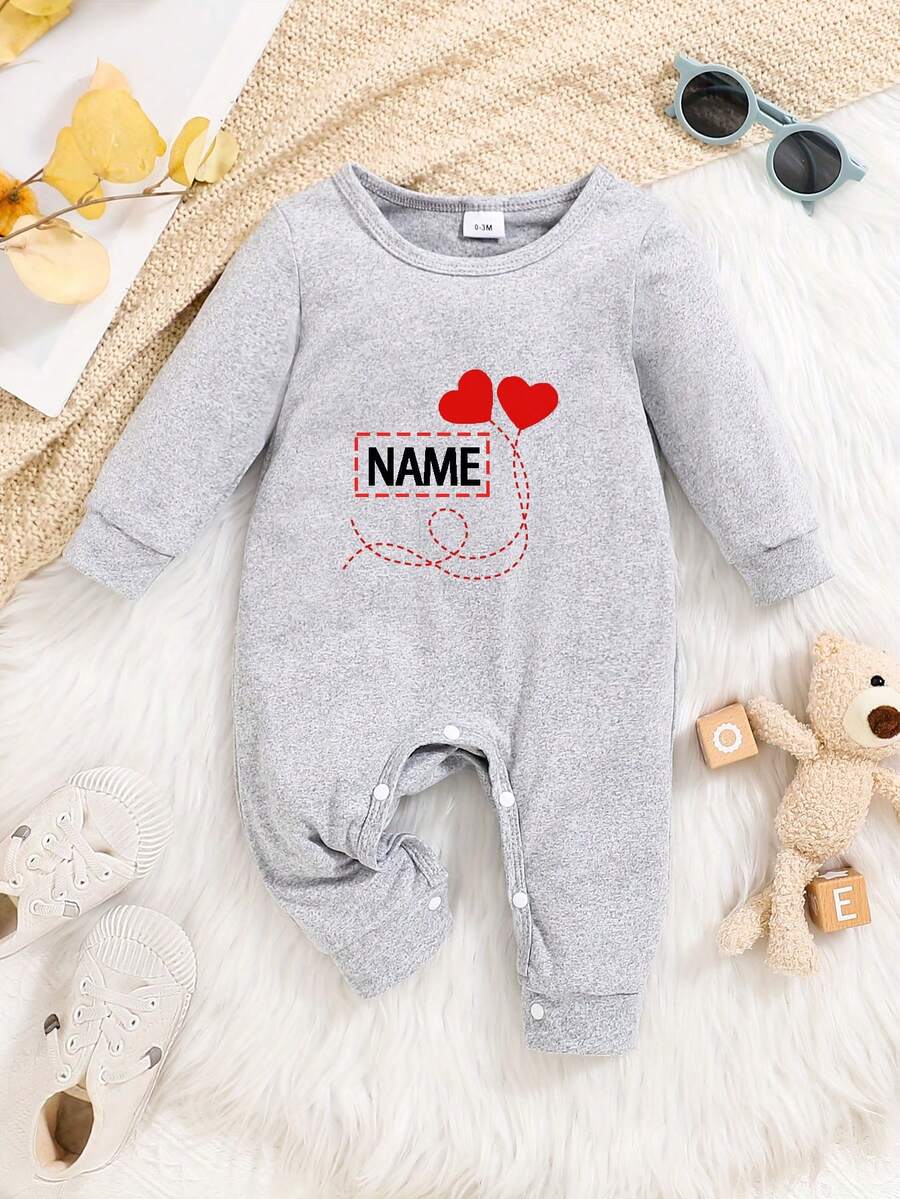 Customized Name Printed Long Sleeve Romper For Toddler Boys & Girls, Casual Jumpsuit Suitable For Outdoor Wear - Grey - View 1