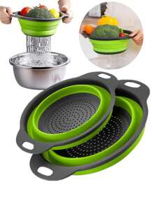 1 / 2 Pieces Green Plastic Folding Slider, Vegetable & Fruit Washing Basket, Drainage Tool, Filter Basket, Drainage Basket, Coater, Small & Large Sizes, Silicone Telescopic Coater With Handle For Kitchen/Home/Round Format, Kitchen Supplies, Kitchen Utensils, Kitchen Accessories,Camping Outdoor Use - Multicolor - View 6