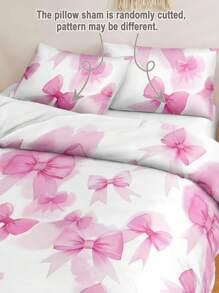 3件粉色蝴蝶结数码印花羽绒被套套装（1个羽绒被套+2个枕套，无填充物），适合房间装饰，日常使用，柔软亲肤的涤纶纤维，适用于卧室、主卧、客房、宿舍，四季皆宜
