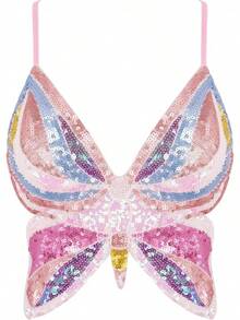Woms Glitter Sequin Crop Top Low-Cut Top Rave Tube Vest Top Belly Dance Costume Outfits - 金色&藍色&粉紅色蝴蝶 - 查看 1