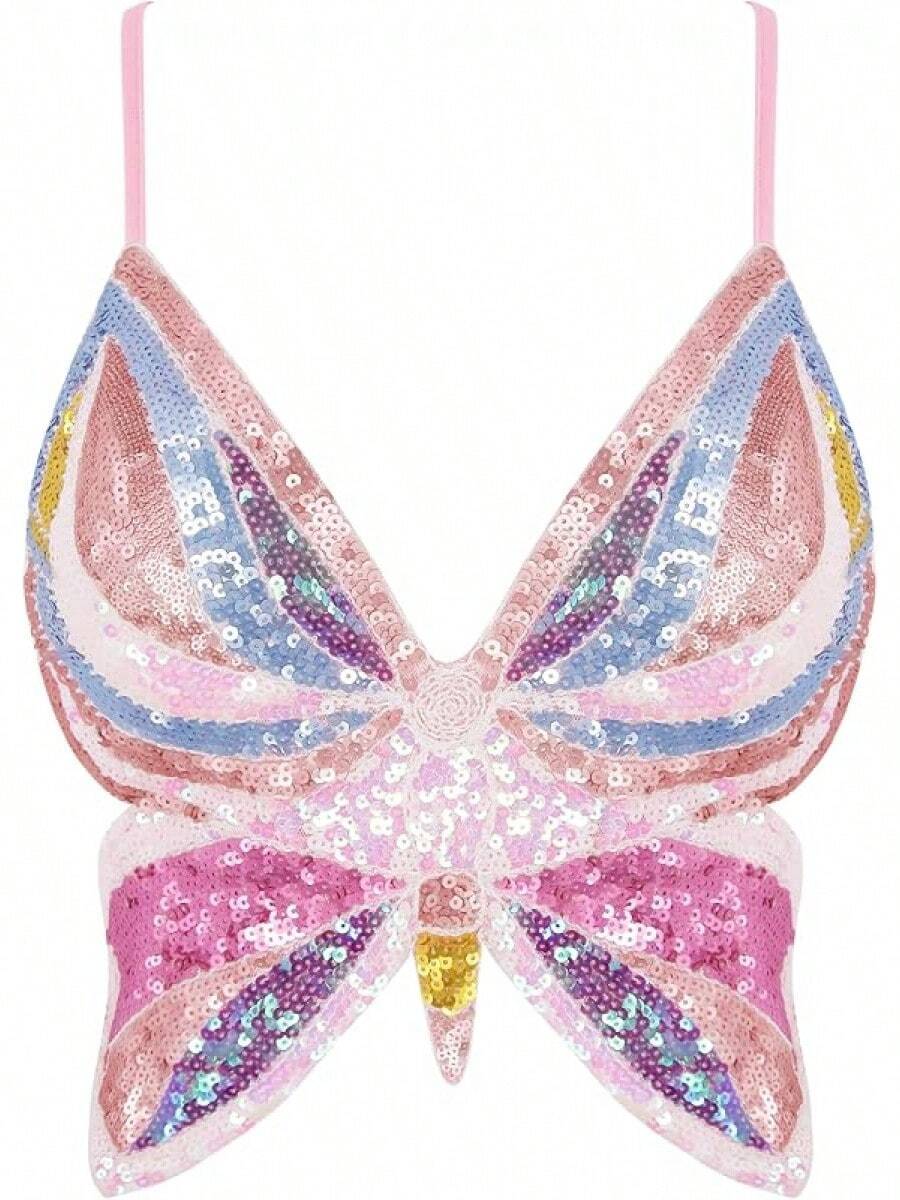 Woms Glitter Sequin Crop Top Low-Cut Top Rave Tube Vest Top Belly Dance Costume Outfits - 金色&藍色&粉紅色蝴蝶 - 查看 1