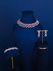 3pcs Women's Luxury Fashion Jewelry Set, Rhinestone Necklace + Earrings + Bracelet, Elegant & Versatile For Daily And Other Occasions