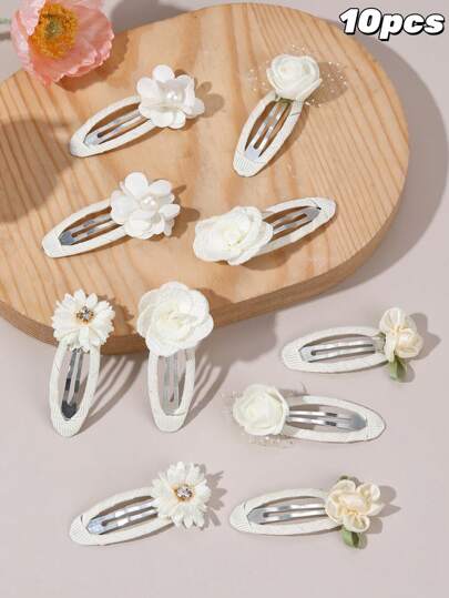 10 peças de presilhas BB para meninas com flores brancas/rosa, conjuntos fofos e delicados com decoração floral pequena - acessórios de cabelo delicados para uso diário, escola, festas e primavera