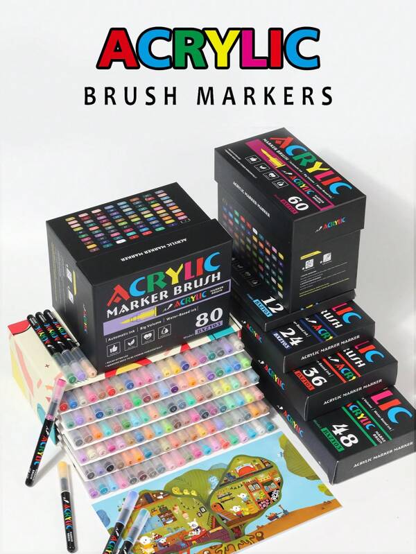 120/80/60/48/36/24/12 Colors Direct Liquid Professional Art Acrylic Markers Set Multi-Purpose Art Markers For Painting Drawing On Wood, Glass, Metal, Stone, Plastic DIY Graffiti, Gifts For Teens And Adults Back To School