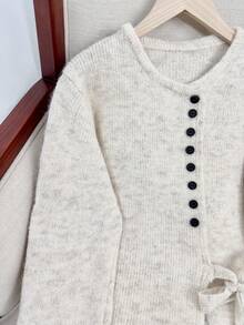 Wixra 不对称肩带韩版毛衣，修身舒适，秋冬外套针织开衫 - 杏色 - 查看 3