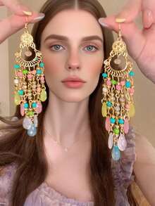 2 件套波西米亚复古彩色串珠流苏吊坠耳环，优雅个性珠宝，适合女士派对、度假和日常佩戴