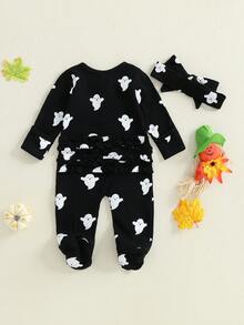 My First Halloween Baby Girl Outfit Romper Ruffles Ghost Print Zipper Long Sleeves Jumpsuits Cute Clothes - 黑色 - 查看 7