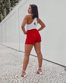 Women's Short Skirt With Lined Belt, Side Slit, High Waist, Short Crepe Knit - Đỏ - Xem 7