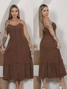 Long Crepe Dress With Padded Cups And Buttons H-1 - Coffee Brown - View 1