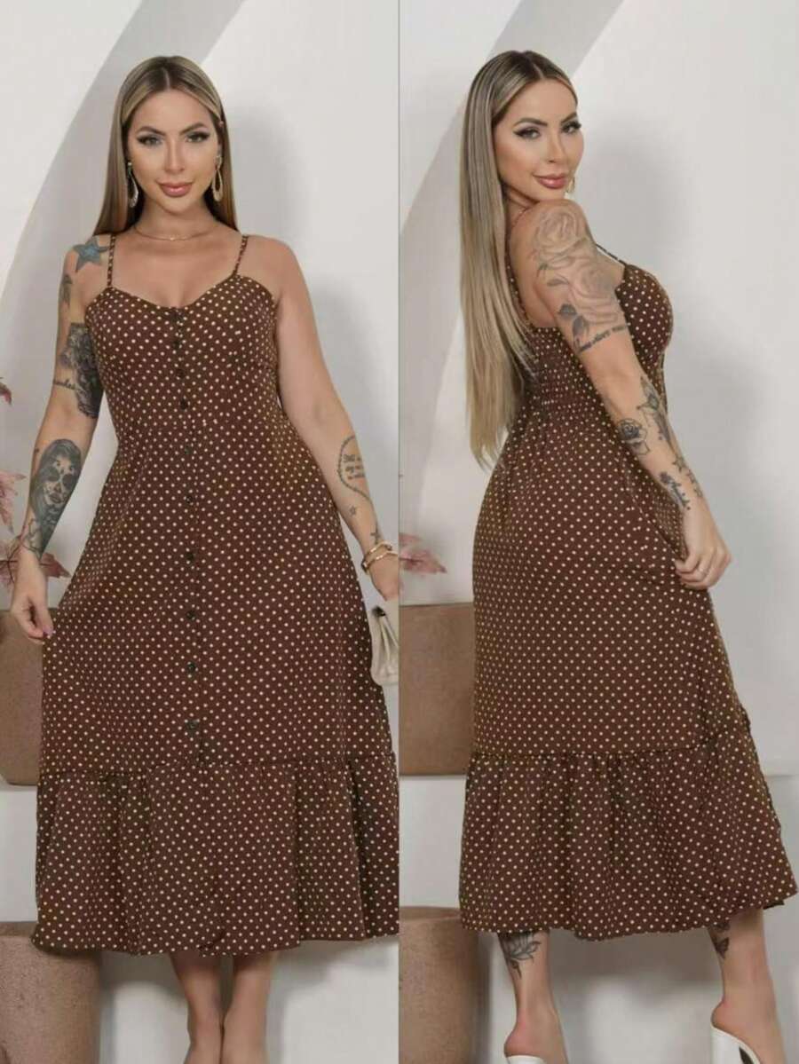 Long Crepe Dress With Padded Cups And Buttons H-1 - Coffee Brown - View 1