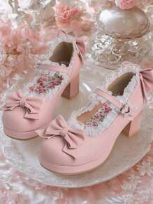 Zapatos de mujer para Halloween Kawaii con tacón medio bloque, Mary Jane, Rockabilly, bombas con plataforma y lazo, tacón grueso, zapatos dulces y lindos