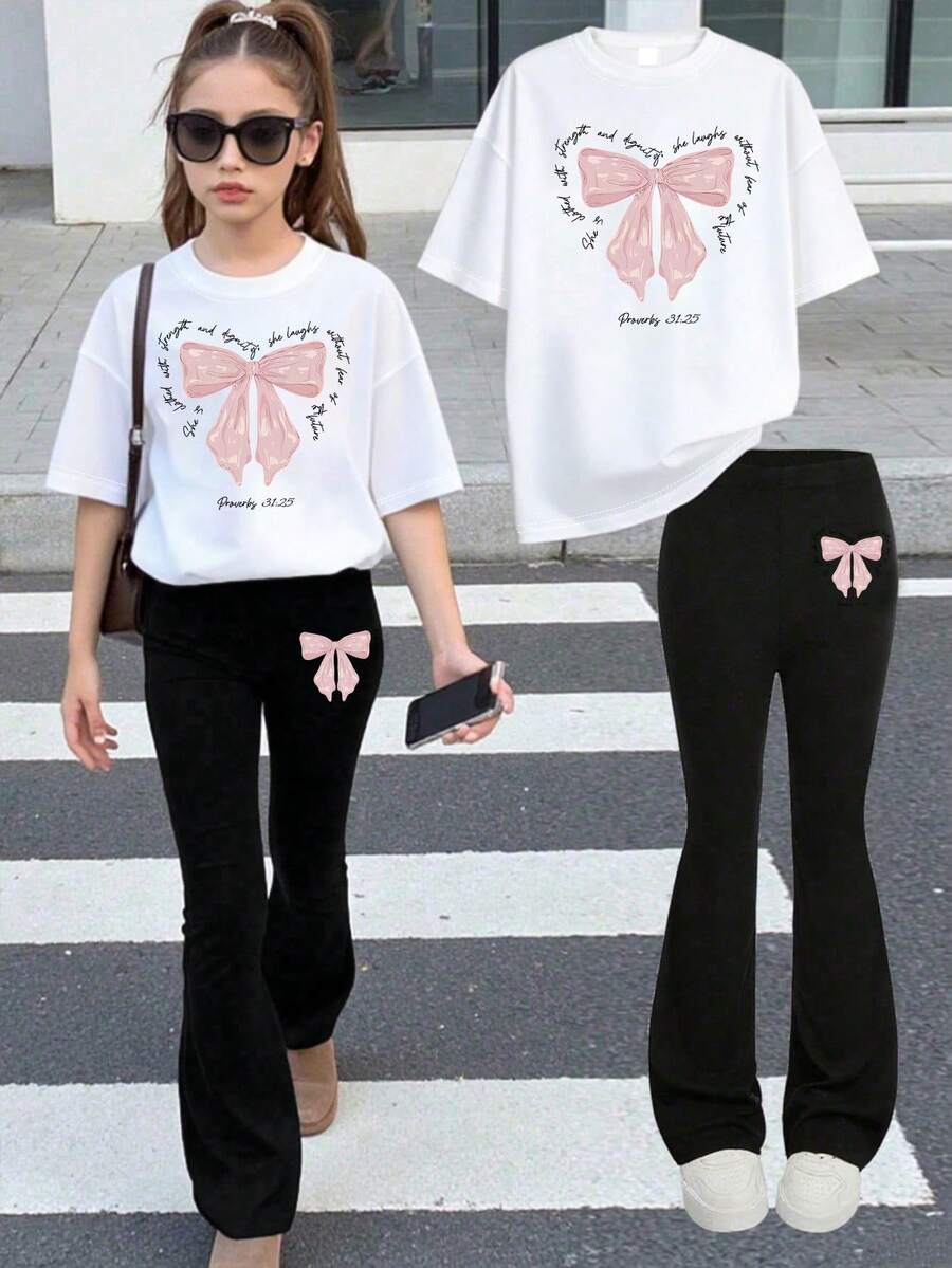 2pcs Girls Girly Two Pieces Set, Bow Slogan Tee And Flare Pants, Cute For Casual Wear/School - White - View 1