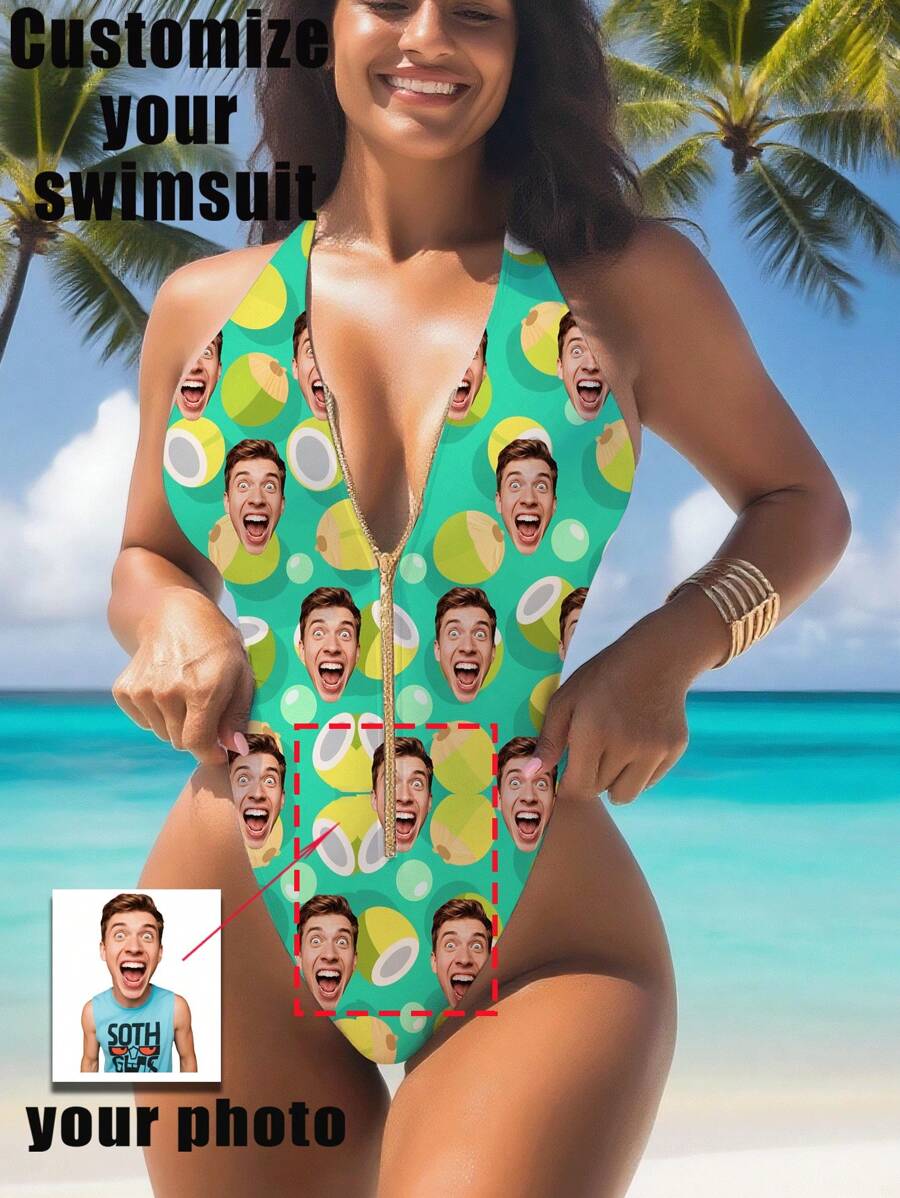 1pc Customized Women's Swimsuit, Personalized Face Print, Zipper Strap Backless Swimwear, High Waist Sleeveless Sexy Swimsuit, Youthful Style, Suitable For Pool, Beach, Holiday - Green - View 1