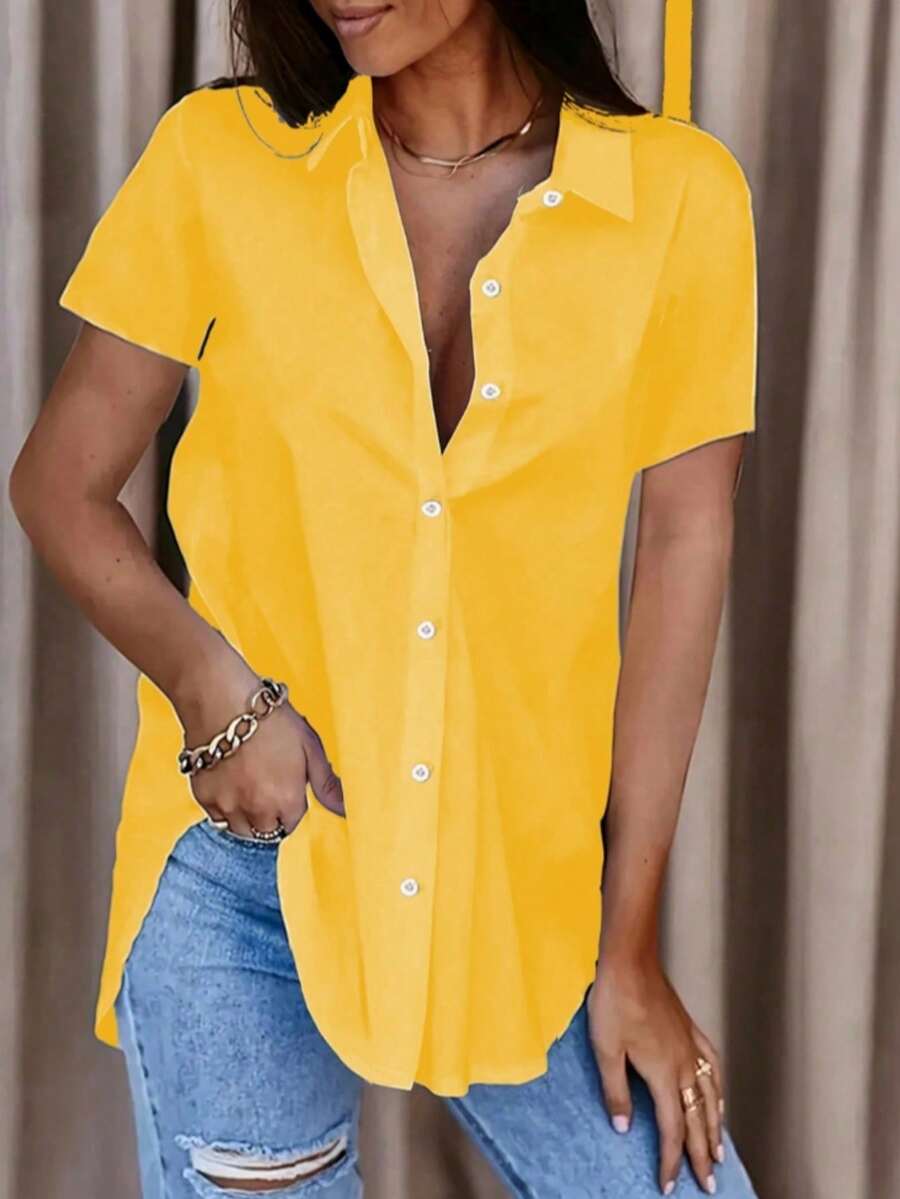Women's Simple Fashion Front Button Short Sleeve Shirt Summer - Yellow - View 1