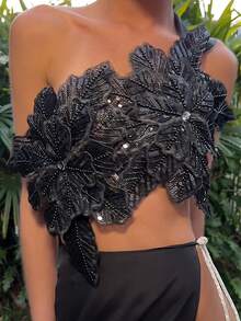Women's 3D Flower Gorgeous Sequin Decor One Shoulder Sleeveless Bandeau Top Slim Fit Going Out Party Camisole - 黑色 - 查看 2