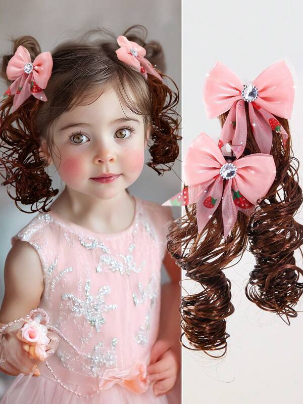 1 Pair Coral Red Strawberry Print Diamante Mesh Bow Girls Hair Clips, Cute Princess Style Hair Accessories