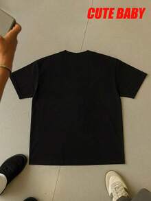 CUTE BABY Boys' [Retro Game English] Pattern Style Printed T-Shirt, Casual And Fashionable Short Sleeved, Summer Youth Boys' Clothing 100% Polyester Fiber Summer Top,  And Versatile, Suitable For Daily Outdoor Wear On The Streets And Beaches - Black(黑色)-1 - 查看 2