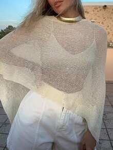 Women Sheer Knit Poncho Y2K Off Shoulder Asymmetric Shrug Sweater Pullover Top Lightweight See Through Cover Up Tops  Pullover Sweaters Tops - 黃色 - 查看 4
