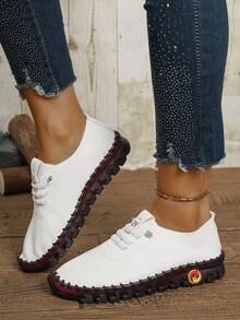 Women's Fashionable Outdoor Canvas Lace-Up Soft Bottom Leather Low Top Flat Shoes - Beige - View 2