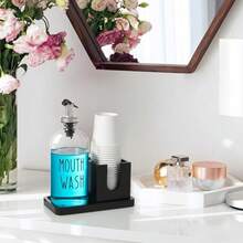 16oz Glass Mouthwash Dispenser Set With Wooden Tray & Cup - Rustic Farmhouse Bathroom Organizer, Countertop Storage For Dental Care Essentials, Navy Blue Decorative Bottle With Easy Pour Spout - 黑色 - 查看 3