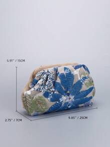 亮片刺绣花卉褶皱手拿包，女士休闲手拿包，时尚迷人的晚宴包，适合假日派对和通勤（图案位置随机） - 藍色 - 查看 3