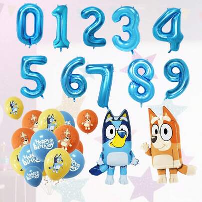 Bluey Birthday Party Decoration Cartoon Foil Balloons, Aluminum Foil Blue Cartoon Foil Balloons, Birthday Party, 1-9 Years Old Blue Number Latex Aluminum Film Balloon Decoration, Birthday, Wedding Party And Gathering Background Wall Decoration Halloween, Christmas