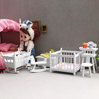 1 pieza 1:12 Mueble en miniatura para casa de muñecas, Cuna de bebé para habitación infantil, Caballo mecedora blanco, Silla de comedor, Taburete, Decoración de Acción de Gracias