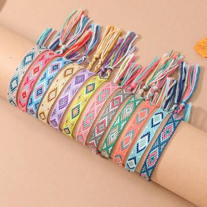 12 Stücke/Set Boho Stil Freundschaftsarmband Set, Makramee + Handweberei, vintage nepalesische handgemachte geflochtene Armbänder, Strandstil