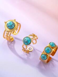 3pcs/Set Stainless Steel 18k Gold Western Cowboy Style Round Turquoise Decorative Hydraulic Open Ring Set Suitable For Daily, Party, Music Festival, Vacation, Gift Collection - Yellow Gold - View 1
