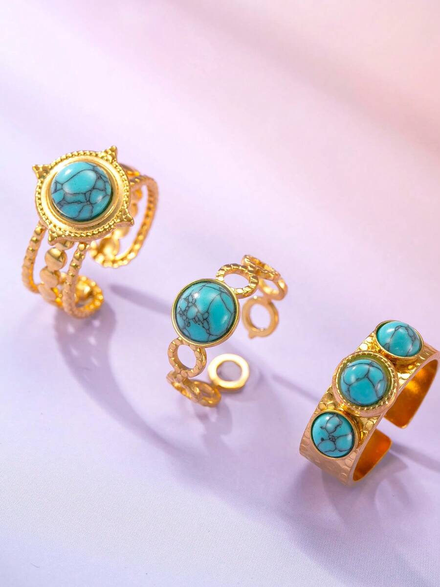 3pcs/Set Stainless Steel 18k Gold Western Cowboy Style Round Turquoise Decorative Hydraulic Open Ring Set Suitable For Daily, Party, Music Festival, Vacation, Gift Collection - Yellow Gold - View 1