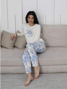 Mirano Slogan Print Short Sleeve Top & Cherry Pattern Long Pants Pajama Set - Blue and White - View 4