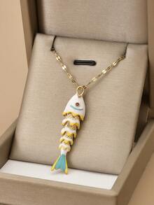 1 件时尚精致可爱多色活力鱼不锈钢珠宝项链，适合女性日常佩戴，海洋主题系列，沙滩配饰，女士沙滩珠宝 - 金黃色 - 查看 12