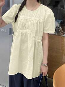 Áo kiểu Hàn Quốc mùa hè 2025, cổ tròn, có dây rút, thêu họa tiết dành cho nữ. - Màu be - Xem 2
