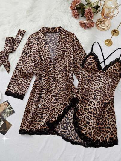 3 Pieces Leopard Print Lace Patchwork Pajama Set, Slit Lace Up Nightdress With Belt, Women's Elegant Sleepwear & Loungewear, Fall Winter Clothes