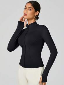 秋冬女士瑜伽夹克，运动跑步骑行服，长袖健身夹克，拉链上衣 - 黑色 - 查看 7