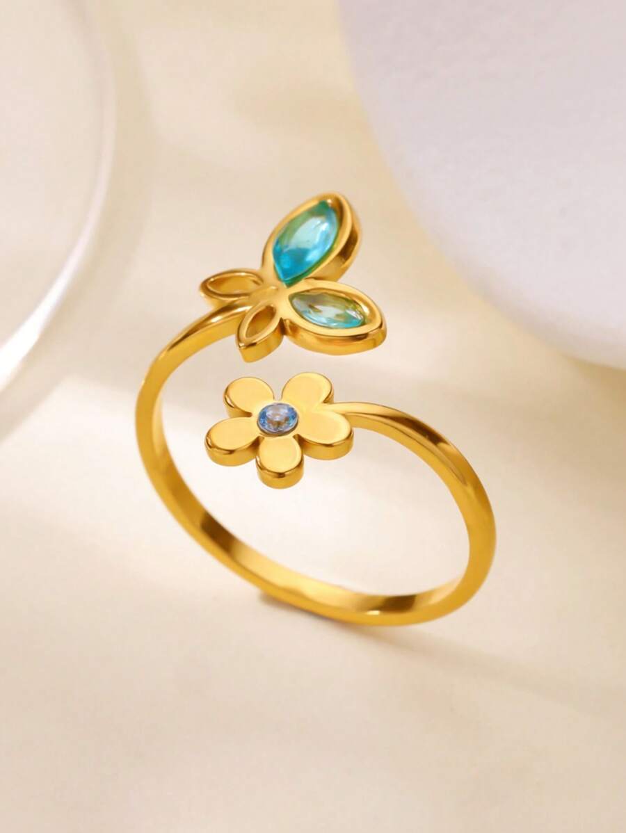 精致不锈钢蓝粉色蝴蝶花戒指，18K 镀金防褪色开口戒指，适合女士，婚礼夏季假日黄金首饰，送给妈妈/挚友的礼物