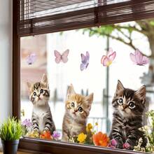 1 pieza Pegatina de ventana con gato de dibujos animados y mariposa, decoración encantadora para la cocina/baño, decoración del hogar, decoración de pared, pegatinas de pared, decoración de la sala de estar
