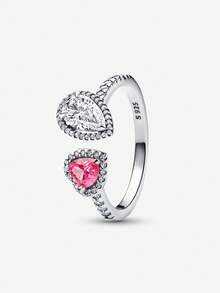 1枚奢华闪亮心形泪滴镶嵌925纯银戒指，优雅珠宝礼品，适合女性日常佩戴、情人节、生日等场合。 - 圍鑲愛心水滴 - 查看 3