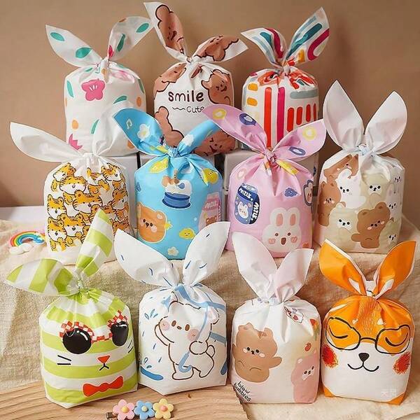 50 piezas Bolsas de aperitivos con diseño de animales de dibujos animados, ribete de rabbit, dulces, fiestas de cumpleaños festivas para niños, regalos