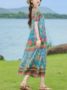 FANMUER Abito midi boho da donna con tasche, linea ad A, collo rotondo, maniche corte, stampa floreale colorata in tessuto tessuto, stile estivo