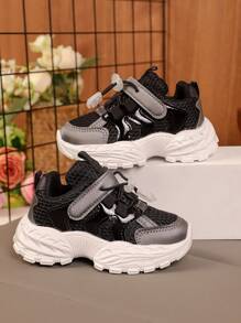 1 双黑色网眼拼布幼儿鞋，可调节钩环扣，圆头，防滑平底，舒适可爱，适合婴幼儿男孩/女孩，休闲装，秋冬季 - 查看 1