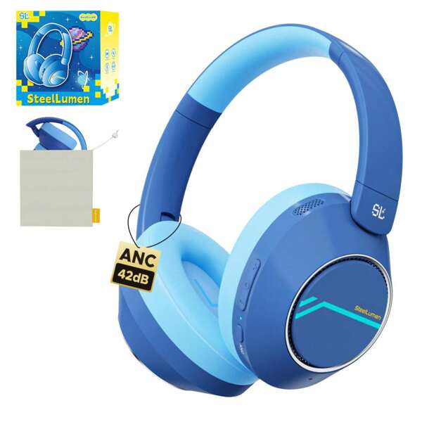 Qearfun Nova1Pro Kids Wireless Active Noise Cancelling Headphones, Bluetooth 5.4, 40H Playtime, Volume Limited 75/85/94dB, Type-C Fast Charging, Mic, Foldable For School/Travel/Airplane, Blue